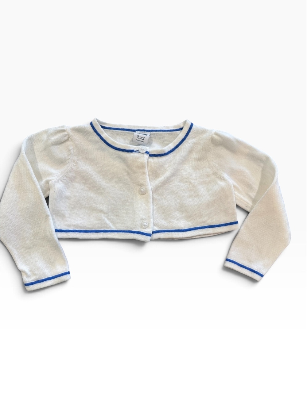 Janie and Jack Baby Girl's White Cropped Cardigan with Blue Trim and Back Bow, 6